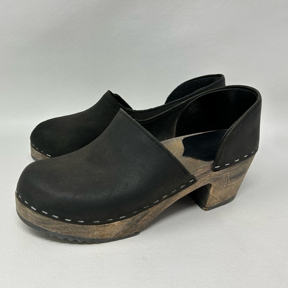 Sangrens Creatures Of Comfort Black Leather Wooden Clogs Made In Sweden - Picture 1 of 16